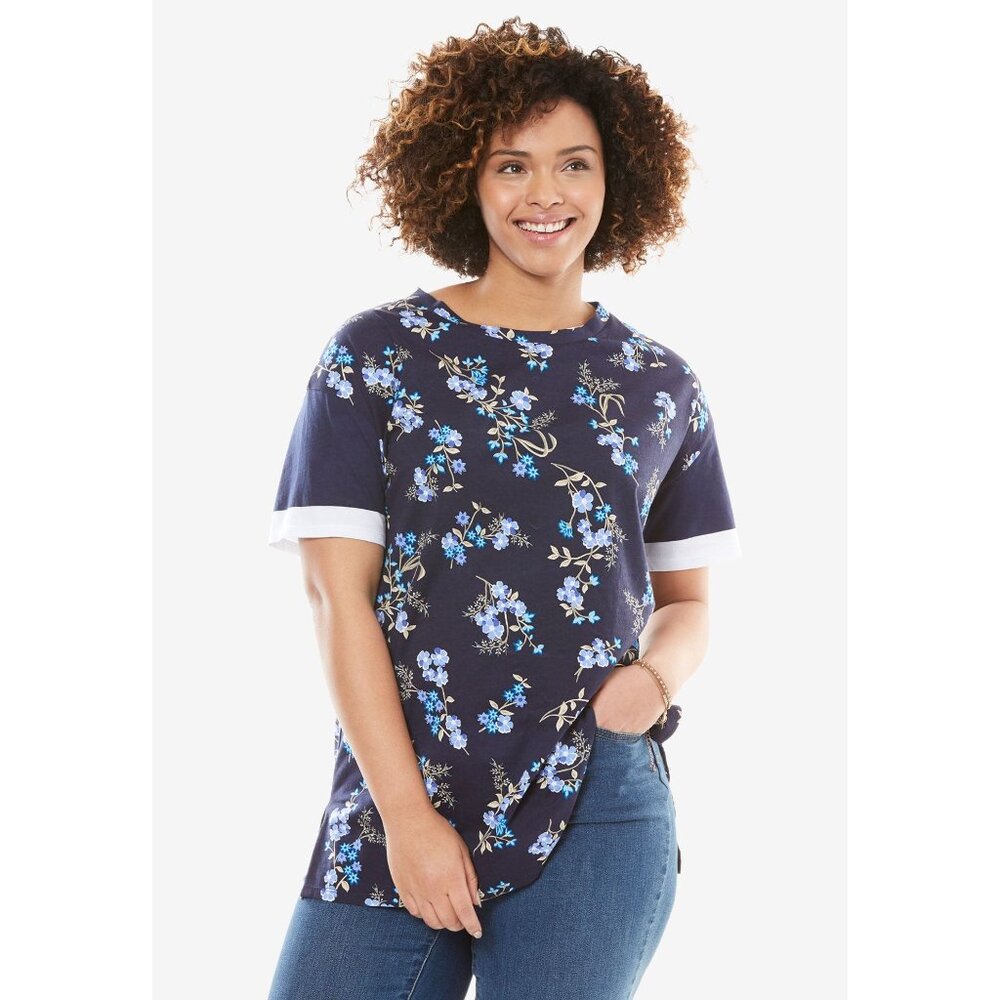 NEW Woman Within 2X 26/28 Navy Floral Short Sleeve Tunic Top
